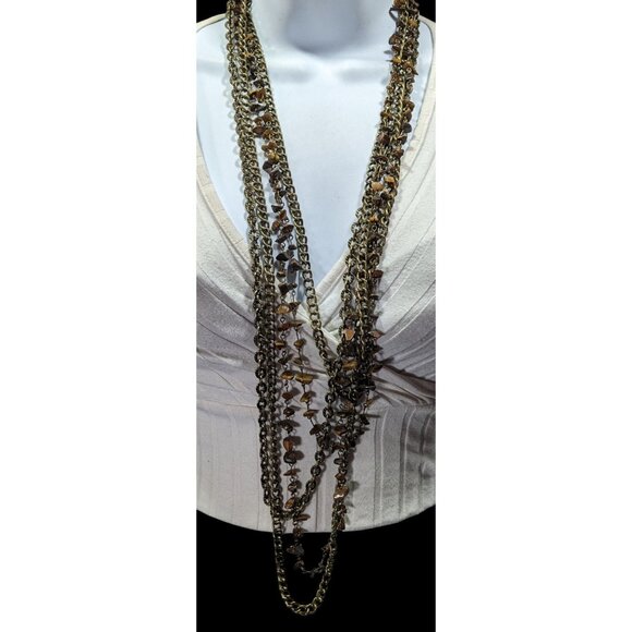 Multilayer Tiger Eye Chip Antiqued Gold Tone Chain Necklace - Picture 5 of 8